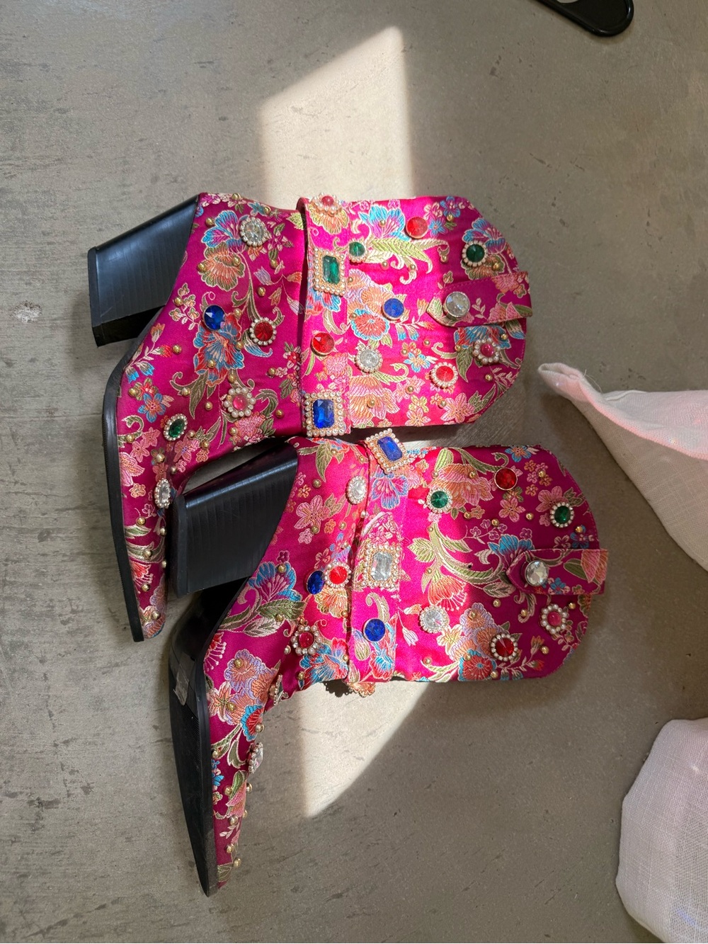 Embellished Pink Floral Block Heel Ankle Boots